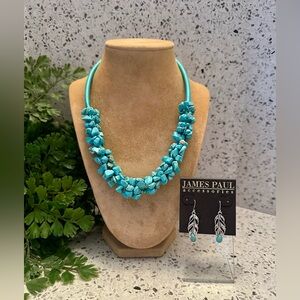 Turquoise nugget cluster necklace on string wrapped cord and earrings